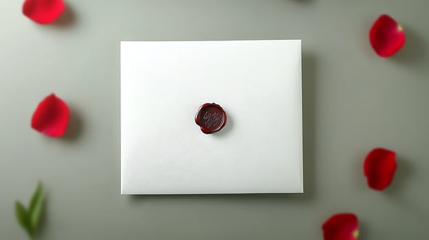 Elegant white envelope sealed with red wax, surrounded by rose petals on a soft surface photo