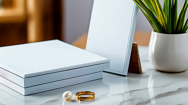 Elegant workspace with blank stationery, a golden ring, and a pearl on a marble table photo