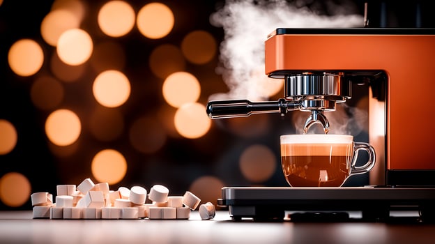Espresso machine brewing a fresh cup of coffee with steam and sugar cubes in a cozy caf setting photo