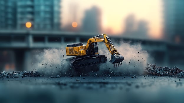 Excavator performing demolition work in an urban setting with dust and debris, city skyline in background photo