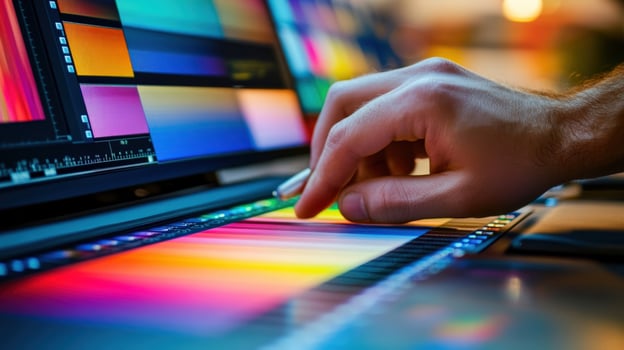Hand editing vibrant colors on digital screen photo