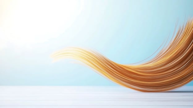 Flowing golden hair against a soft blue background with sunlight illuminating the scene photo