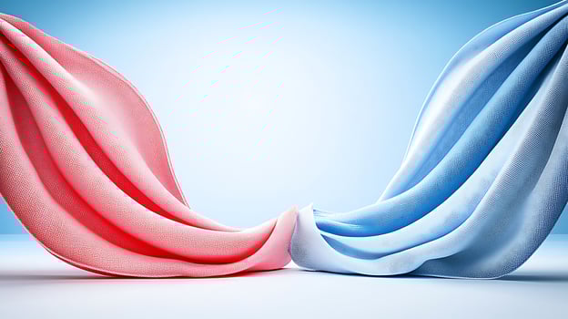 Flowing fabric in pink and blue colors gracefully intertwining against a soft blue background photo