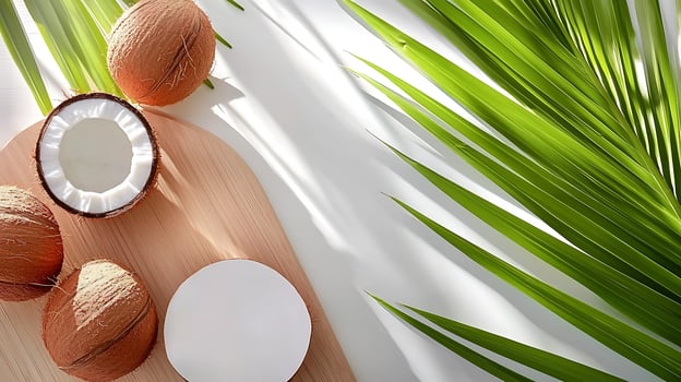 Fresh coconuts and a white bowl on a wooden board surrounded by green palm leaves photo
