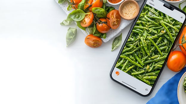 Fresh green beans displayed on a smartphone surrounded by vibrant vegetables on a bright surface photo