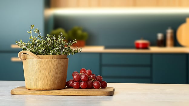 Fresh herbs in a wooden pot beside a cluster of grapes on a kitchen countertop with a modern backdrop photo