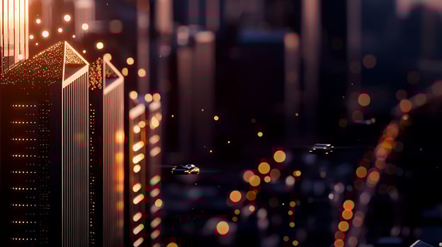 Futuristic cityscape with flying cars amidst skyscrapers and glowing lights at sunset photo
