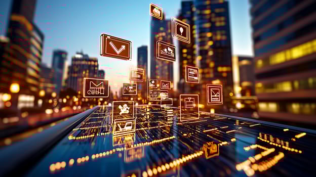 Futuristic cityscape with digital icons representing technology and connectivity at dusk photo