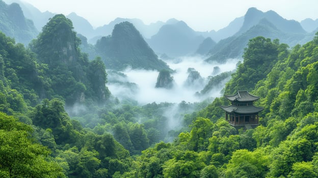 A pagoda in the middle of a forest with mountains and fog photo