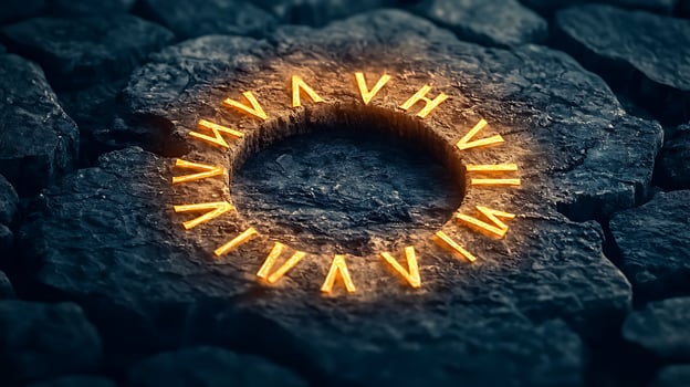 Glowing ancient symbols arranged in a circular pattern on a textured stone surface at night photo