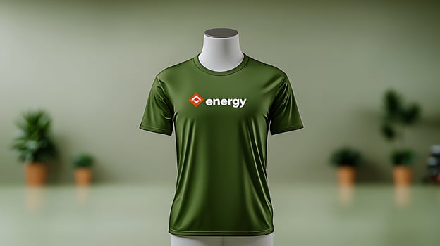 Green athletic shirt displayed on a mannequin in a modern indoor setting with plants photo