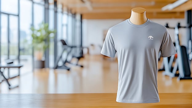 Gray athletic shirt displayed on a mannequin in a modern gym with workout equipment in background photo