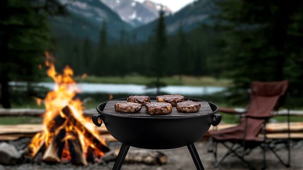 Grilling Juicy Steaks Over a Campfire in a Scenic Mountain Landscape During a Summer Evening photo