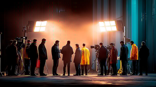 Group of filmmakers and crew collaborating on a movie set during nighttime with bright lights photo