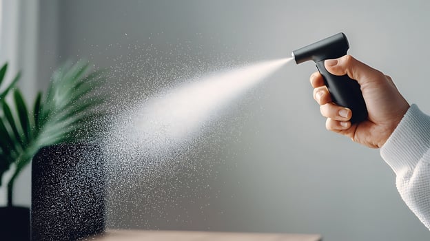 Hand holding a spray bottle, misting a surface, with a green plant in the background photo
