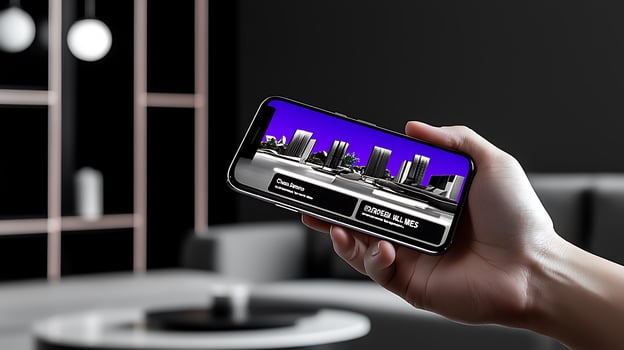 Hand holding smartphone displaying modern city skyline with purple background in stylish interior photo