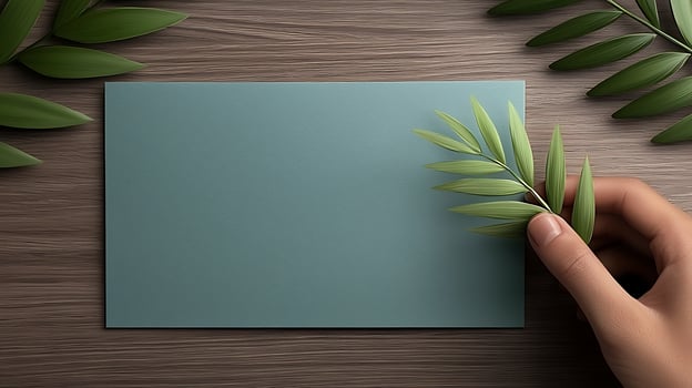 Hand placing a green leaf on a blank teal card atop a wooden table, surrounded by more leaves photo