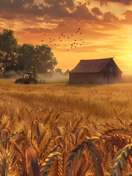 A farm scene with a tractor and a barn at sunset photo