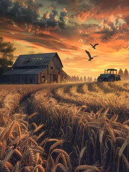 An old farmhouse and tractor in a field at sunset photo