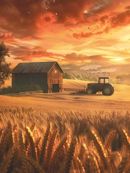 A farm with a tractor and barn at sunset photo