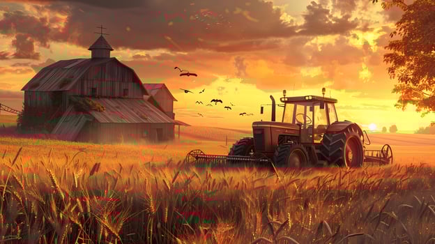 A tractor in a field with a barn and birds flying photo