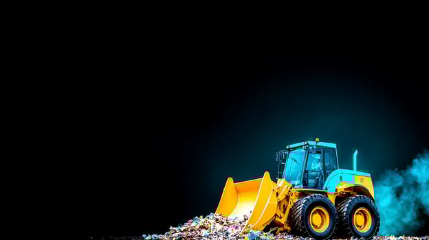 Heavy machinery clearing debris at a construction site with a dark background and smoke photo