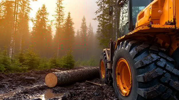 Heavy machinery in a misty forest clearing, processing timber amidst towering trees at sunrise photo