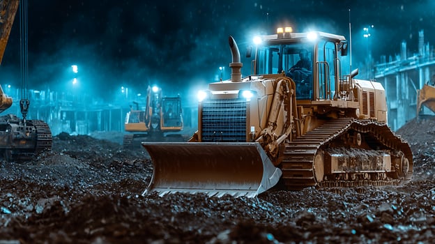 Heavy machinery operating at night on a construction site with illuminated surroundings photo