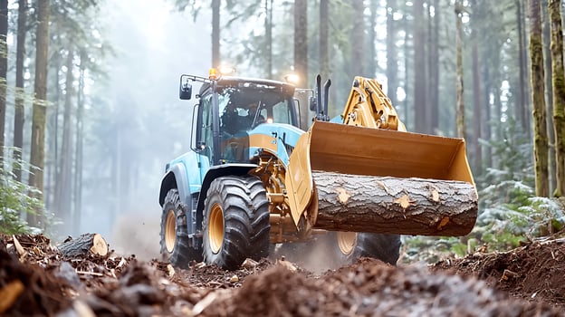 Heavy machinery transporting logs through a misty forest, showcasing nature's tranquility photo