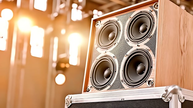 High-quality wooden speaker cabinet with multiple speakers at a vibrant music venue during a performance photo