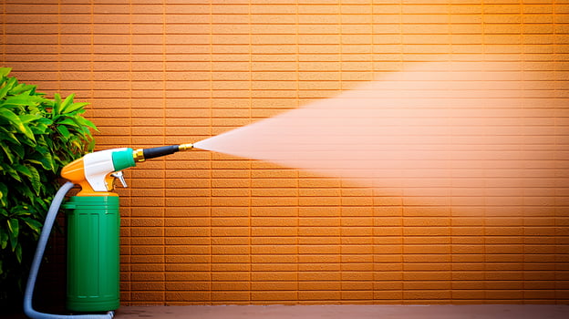 High-pressure water spray nozzle positioned against a textured orange wall with greenery nearby photo