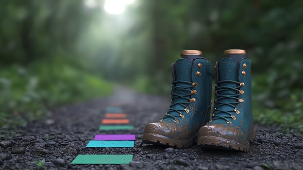 Hiking boots on a forest trail with colorful markers and a blurred green background photo