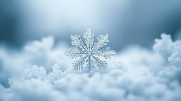 Single snowflake in snow, winter scene, holiday card photo