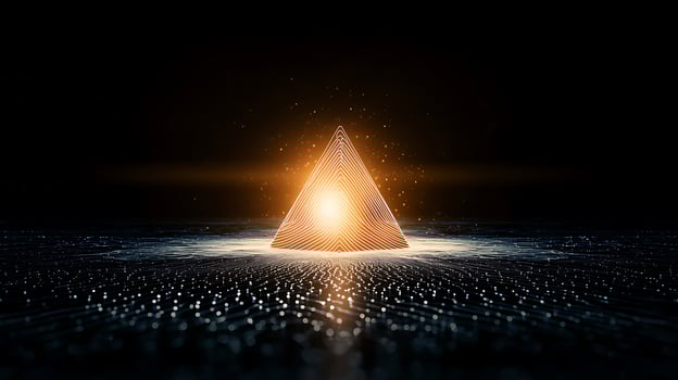 Illuminated geometric pyramid glowing in a dark digital environment with intricate patterns photo