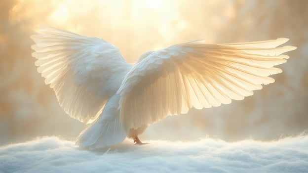 White dove, wings spread, sunrise, snow, peace photo