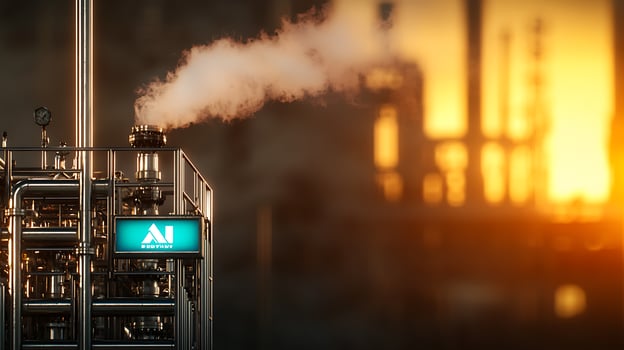 Industrial facility emitting smoke at sunset, showcasing machinery and environmental impact photo