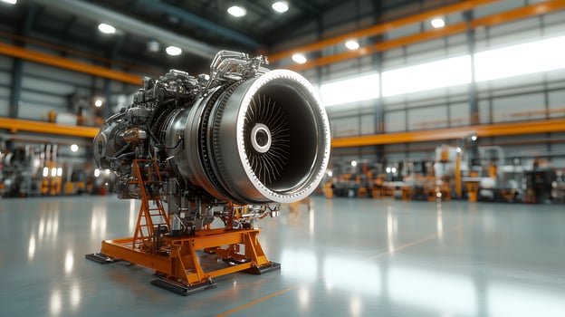 Industrial jet engine displayed prominently in a spacious hangar with machinery in the background photo