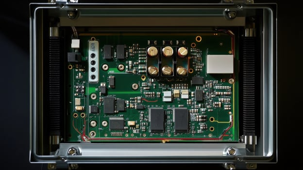 A crosssectional view of a portable converter revealing its internal circuit board with detailed components such as capacitors resistors and signal processing chips all encase photo