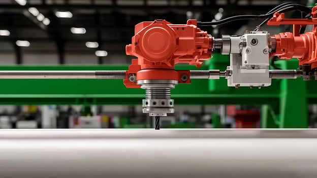 Industrial robotic arm precision cutting a large metal sheet in a modern manufacturing facility photo