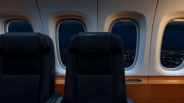 Interior view of empty airplane seats at night with city lights visible through windows photo