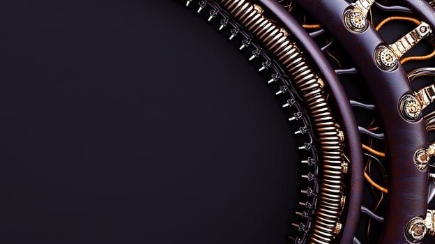 Intricate close-up of a decorative mechanical structure with metallic details against a dark background photo
