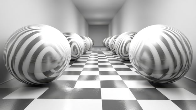 Striped spheres in a checkered hallway photo