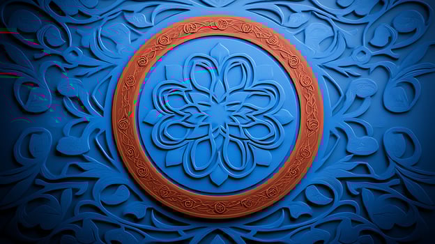 Intricate blue and terracotta wall art featuring floral patterns and circular design photo