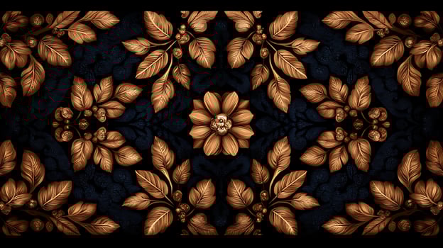 Intricate floral design featuring golden leaves and a central flower on a dark background photo