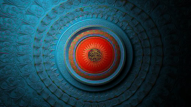 Intricate ceiling design featuring circular patterns and vibrant colors in a serene indoor setting photo