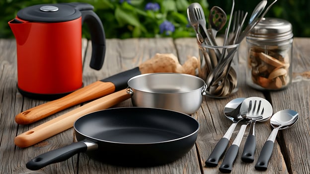 Kitchen utensils and cookware arranged on a wooden table with greenery in the background photo