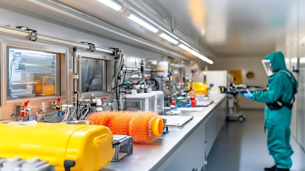 Laboratory technician in protective gear working with equipment in a high-tech lab environment photo