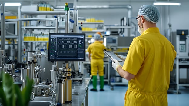 Laboratory technicians in yellow uniforms monitor machinery in a sterile production facility photo