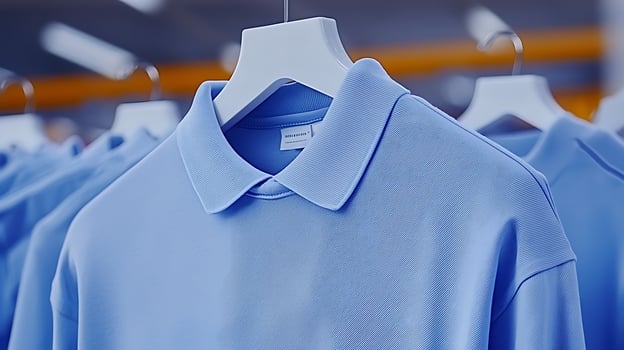 Light blue polo shirts hanging on display in a retail store with blurred background activity photo