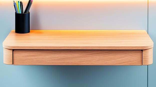 Modern wooden desk with a drawer and stationery holder against a softly lit background photo